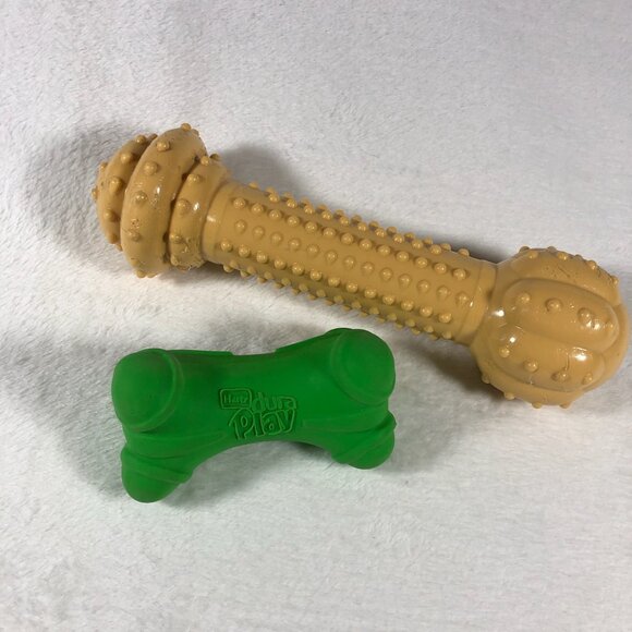 Lot of 2 Used Dog Toys: Nylabone Power Chew Barbell Lg & Hartz DuraPlay Squeaky - Picture 1 of 7